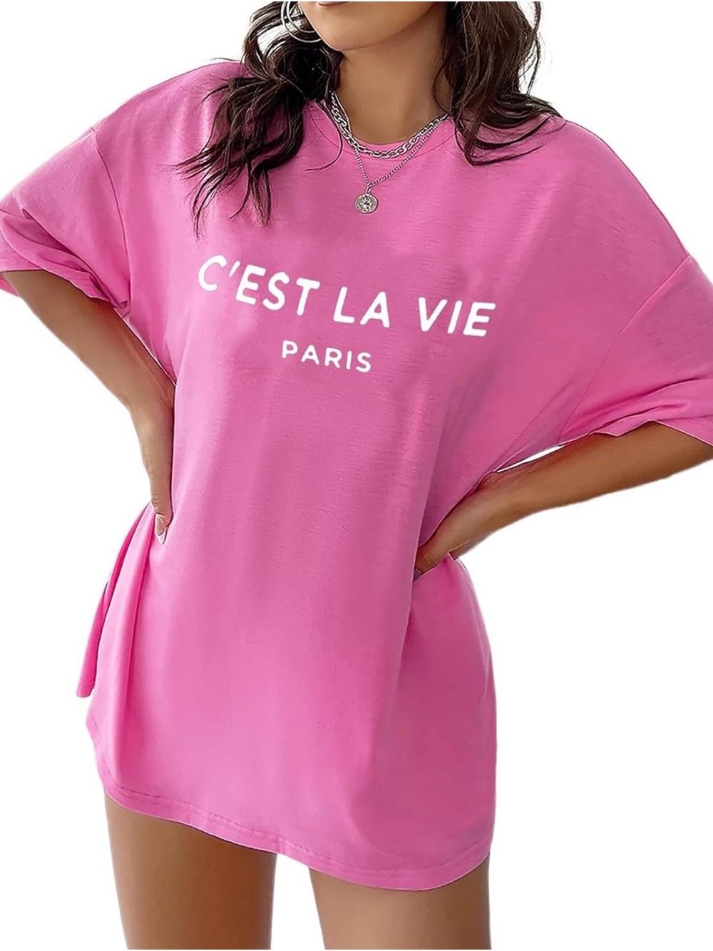 NWOT C'EST LA VIE Paris Pink Graphic Oversized and Soft Tee Large
